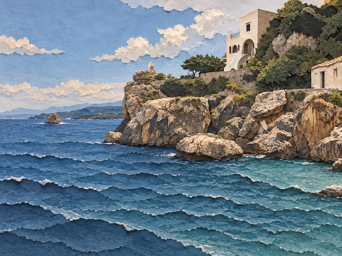 Paper-cut interpretation of the supplied rocky cove photograph